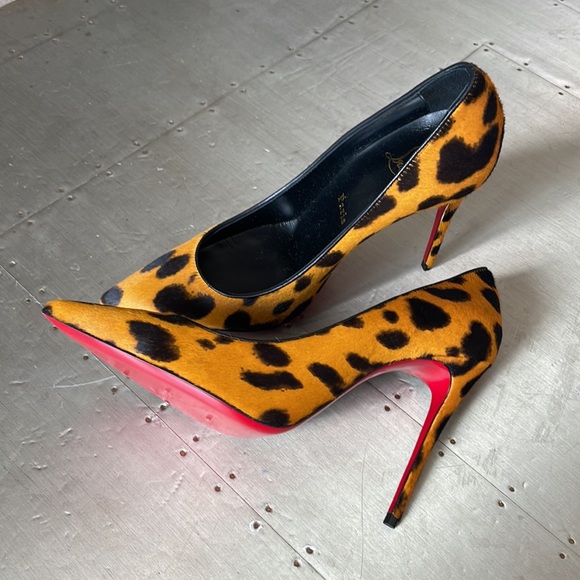 Christian louboutin kate 100mm black fur pony spicy leopard Stiletto sz 36.5